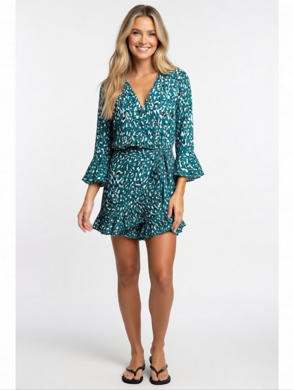 Lulus Teal & Black Leopard Short Romper (Size:Small)